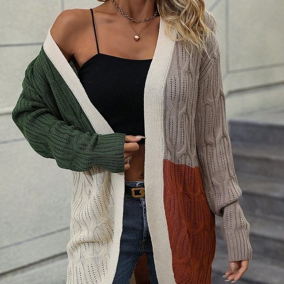 . Sweaters - Multicolor Casual Womens Color Block Drop Shoulder Open Front Cardigan